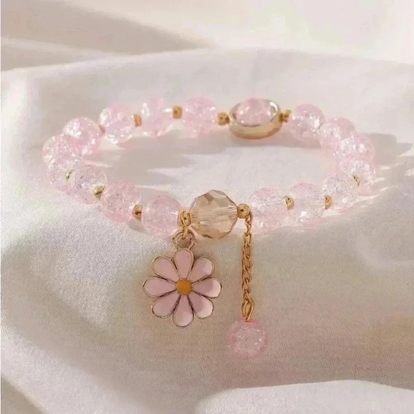 ⚠️Clearance Pink Flower Charm Beaded Bracelet - Picture 1 of 6